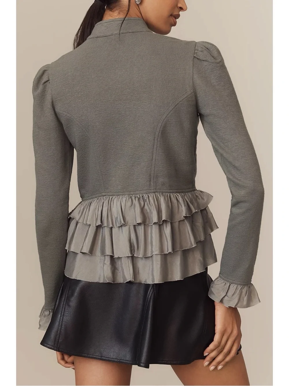 Anthropologie Curved Ruffle Military Cardigan Top Jacket Army Green Large NWT - Picture 15 of 16